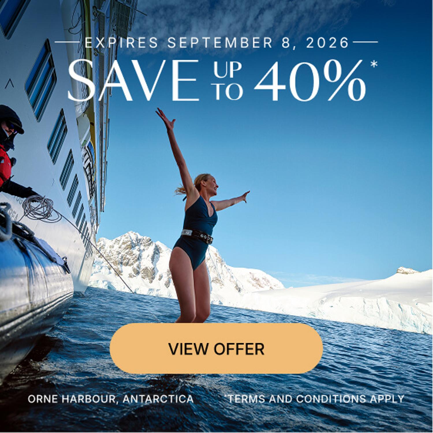 A woman jumps into the frigid Antarctic water near a Silversea cruise ship with a 40% off promotional offer.