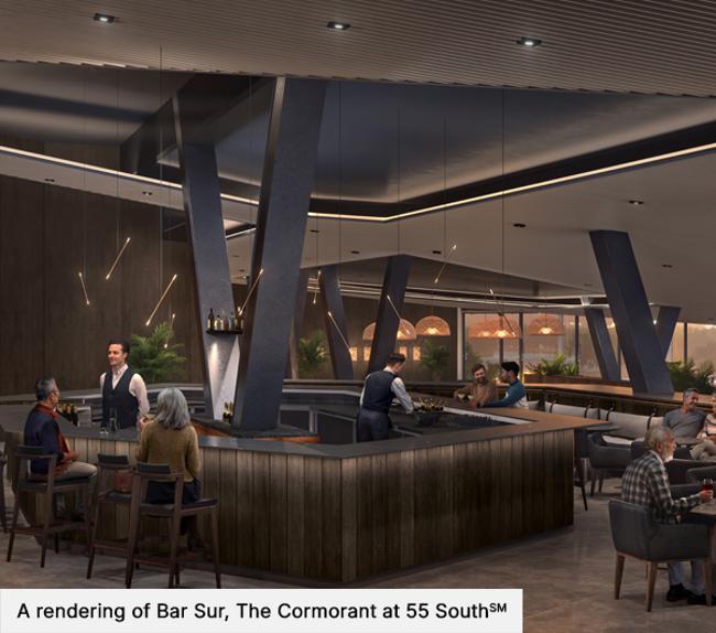 Rendering of a modern, dark-wood bar with guests and bartenders in a sophisticated setting.