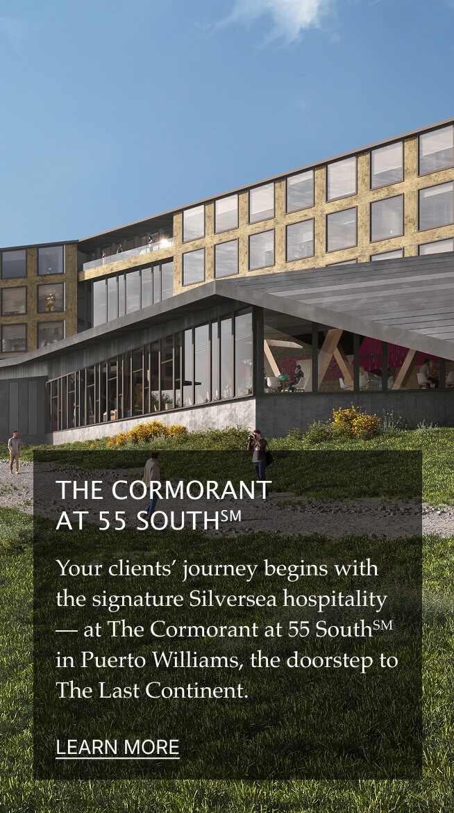 Architectural rendering of The Cormorant at 55 South hotel with people on a grassy slope.