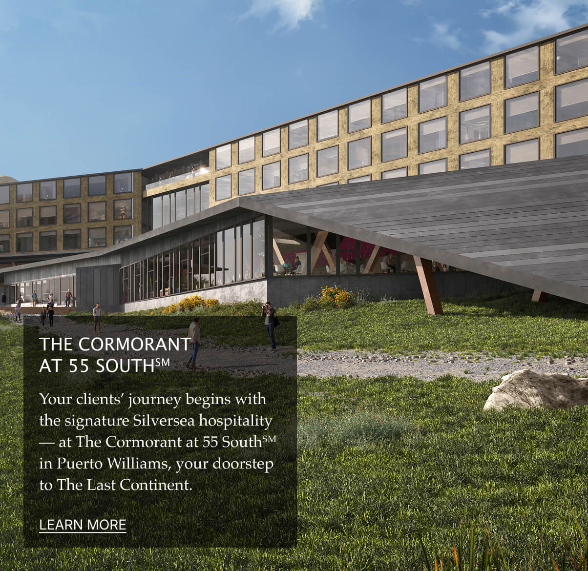 Architectural rendering of The Cormorant at 55 South hotel with people on a grassy slope.