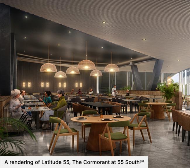 Interior of a modern restaurant with tables, chairs, and patrons under woven pendant lights.